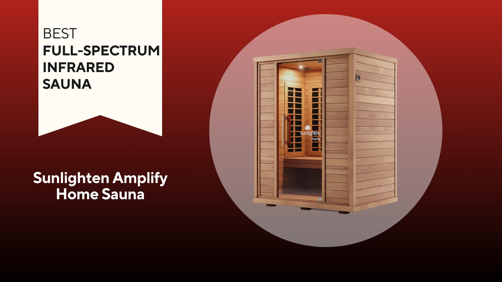 A box-shaped, wooden Sunlighten Amplify Home Sauna